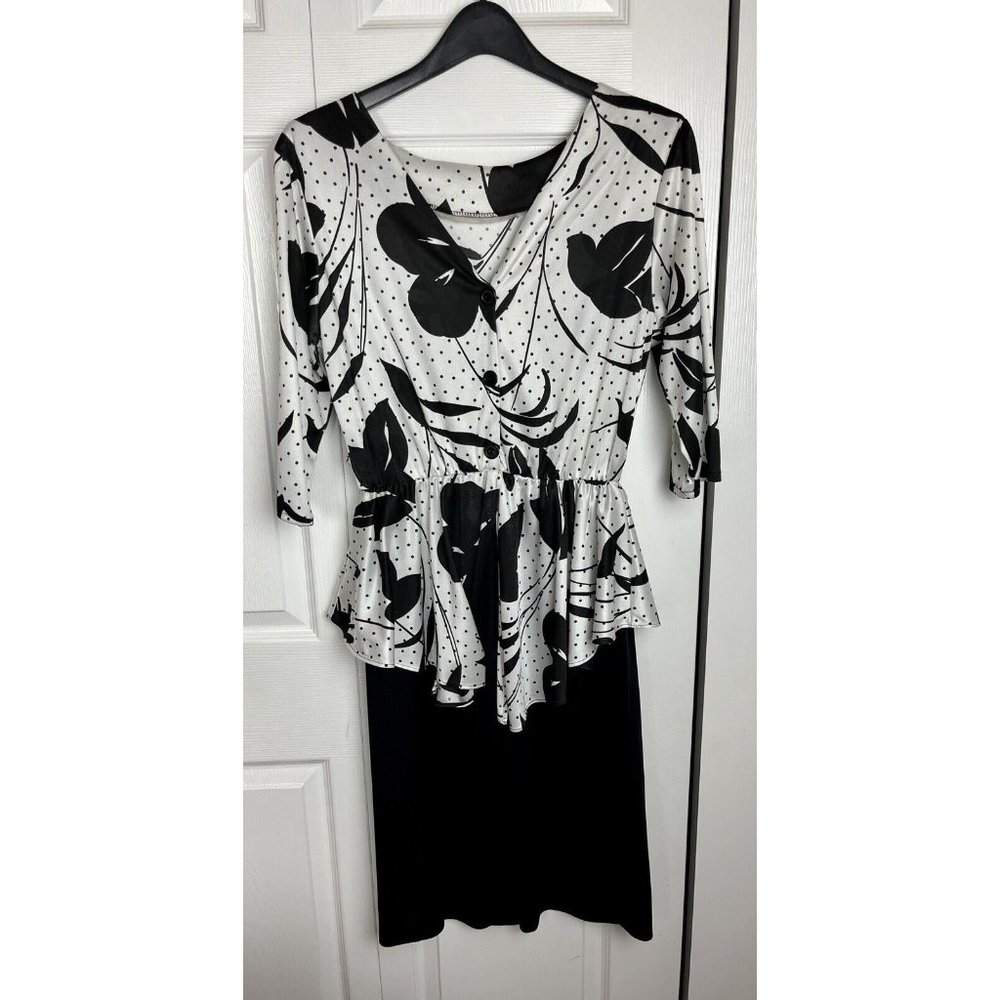 KR of NY Vintage 80’s Era 3/4 Sleeve Black and White Floral Peplum Dress Size 12